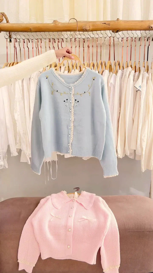 Lace-Trim Floral Embroidered Sweaters & Bow-Collar Buttoned Tops Available in Blue & Pink